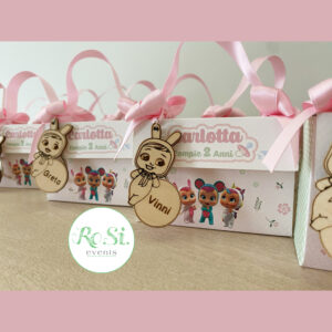 Borsette Portacioccolatini con portachiavi in legno personalizzato per ogni bimbo